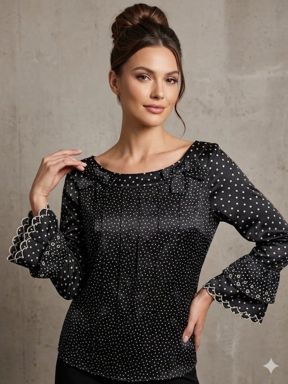 Blumarine Vintage 100% Silk Polka Dot Bow Blouse – Tiered Bell Sleeve – Italy 42